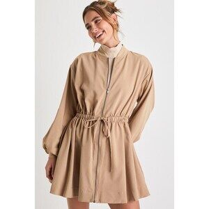 Lulus Modern Cutie Light Brown Zip-front Drawstring Dress With Pockets - Size M